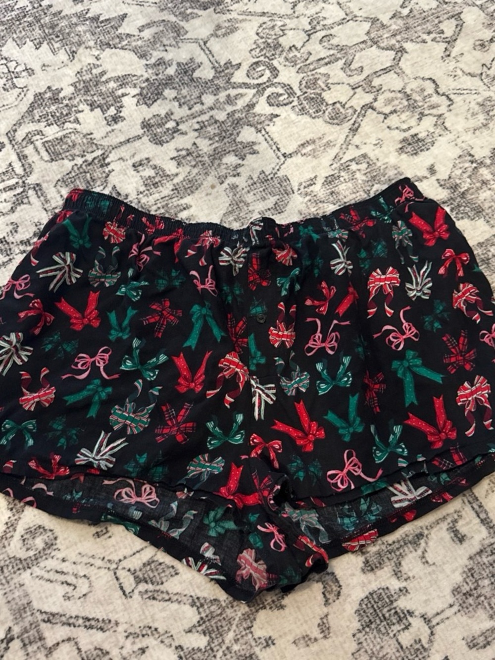 PINK Victoria's Secret Black Shorts with Red, Green & Pink Bow Print